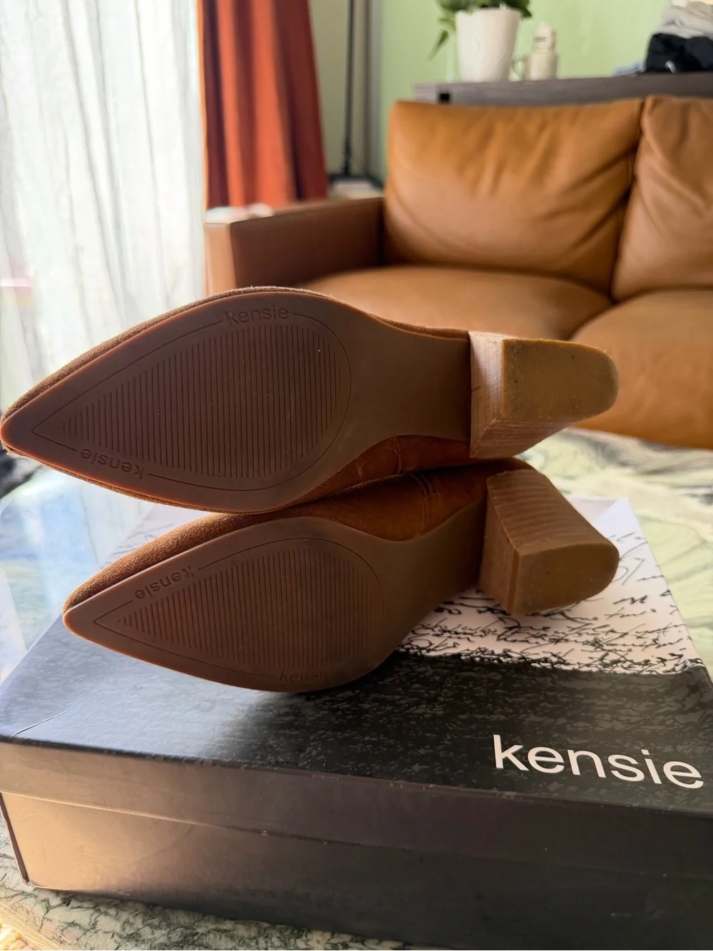 Kensie Cognac Suede Block-Heel Ankle Booties
